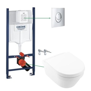 Set vas wc suspendat rimless cu capac VilleroyBoch, Architectura plus rezervor incastrat si clapeta crom Skate Air Grohe (4694HR01 + 38745001)