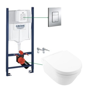 Set vas wc suspendat rimless cu capac VilleroyBoch, Architectura plus rezervor incastrat si clapeta crom Skate Cosmopolitan Grohe (4694HR01 + 38772001)