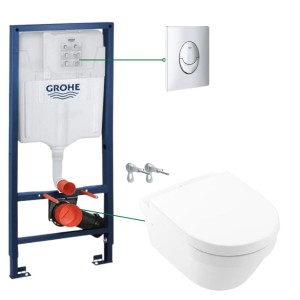 Set vas wc suspendat rimless cu capac VilleroyBoch, Architectura plus rezervor wc incastrat si clapeta crom Skate Air Grohe (4694HR01 + 38721001)