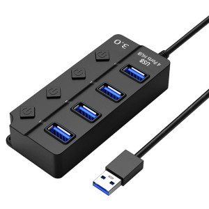 Hub USB cu 4 porturi Techstar® HUBA0701, 1 x USB 3.0, 3 x USB 2.0, indicator LED pentru putere, comutator independent, Negru (SKU2986)