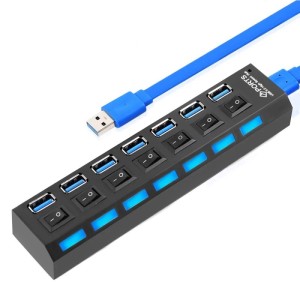 Hub USB Cu 7 Porturi Techstar® HUBA55, 1 X USB 3.0, 6 X USB 2.0, Indicator LED Putere, Comutator Independent, PC, Laptop, Desktop, Negru (SKU2985)