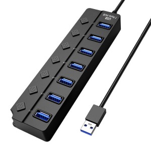 Hub USB cu 7 porturi Techstar® HUBA2401, 7 x USB 2.0, indicator LED pentru putere, comutator independent, Negru (SKU2988)
