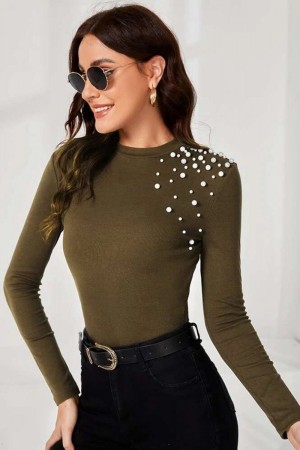 Bluza dama kaki accesorizata cu perle (1913_8019)