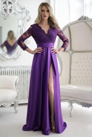 Rochie lunga eleganta din tafta mov cu broderie