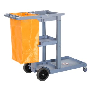 HOMCOM Cărucior pentru Curățenie cu 3 Rafturi, Cârlige pentru Mături, 4 Roți și Sac de 100L,121x50,5x96,5 cm, Portocaliu | Aosom Romania