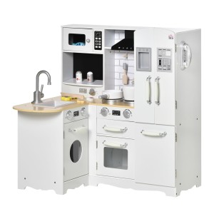 Bucatarie jucarie pentru copii 3-6 ani cu 2 oale, 3 cutite si furculite, 2 sticle si multe altele, alba, 82x65x87cm HOMCOM | Aosom Romania