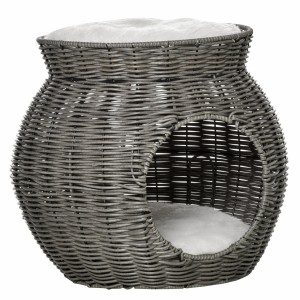 PawHut Coș pentru Pisici din Rattan PE cu 2 Niveluri, Zonă de Zgâriat și Cușcă, Perne de Plus Lavabile, Diametru Φ50x43.5cm, Gri Închis | Aosom Romania