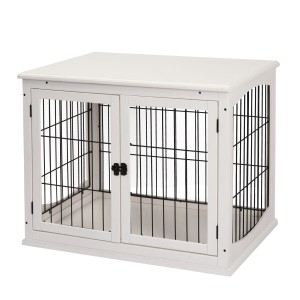 PawHut Casuta pentru Caini de Interior, Canisa pentru Animale din Lemn si Metal cu Usa Dubla, 58,5 x 81 x 66 cm, Alba | Aosom Romania