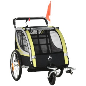 HOMCOM Remorca pentru bicicleta pentru copii 2 in 1, centura in 5 puncte, geanta de depozitare, reflector, steag, galben | Aosom Romania