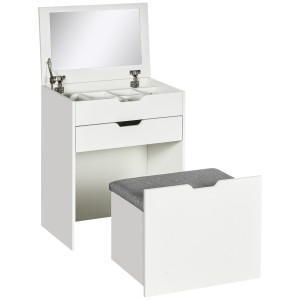 HOMCOM Masa de toaleta pentru dormitor cu oglinda si scaun asortat, masa de machiaj cu compartiment ascuns si sertar din lemn, alb | Aosom Romania