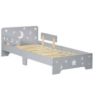ZONEKIZ Pat pentru copii 3-6 ani cu stele si luna din MDF si PAL, 143x76x49 cm, culoare gri si lemn | Aosom Romania