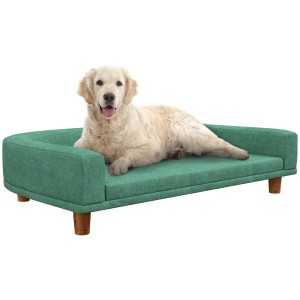 PawHut Canapea Elegantă pentru Animale de Companie, Pat Înălțat cu Pernă Moale, Cadru din Lemn, Verde, 98x67x25cm | Aosom Romania