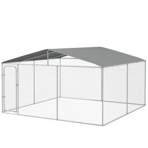 PawHut Țarc pentru Câini Talie Medie, Metal Galvanizat, Acoperiș Oxford, Ușă cu Zăvor, 400x230x232 cm, Argintiu | Aosom Romania