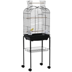 PawHut Colivie pentru Pasari cu 3 Stinghii, 2 Boluri si 2 Usi Laterale, Colivie pentru Animale din Otel, PP si Lemn, 46x36x130 cm, Neagra