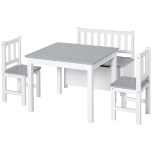 HOMCOM Set Mobilier pentru Copii 4 Piese, Masă, 2 Scaune, Bancă Depozitare, Lemn Multifuncțional, Alb și Gri | Aosom Romania
