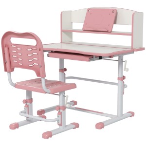 Set Birou si Scaun pentru Copii Reglabil in Inaltime cu Sertar, Raft pentru Carti, pentru 6-12 ani - Roz ZONEKIZ | Aosom Romania