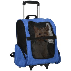PawHut Rucsac 2-în-1 pentru Câini și Pisici cu Buzunare Laterale, Mâner Telescopic și Roti, 42x25x55 cm, Albastru | Aosom Romania