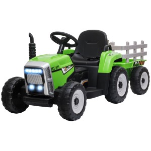 HOMCOM Tractor Electric cu Remorcă Detașabilă, Telecomandă, Muzică și Claxon, pentru Copii de 3-6 Ani, 136,5x50x52,5 cm, Verde | Aosom Romania