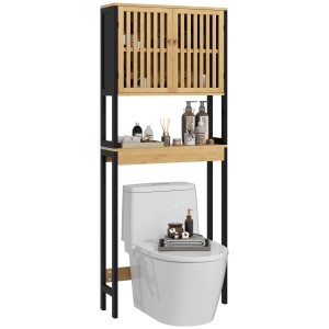 HOMCOM Dulap Baie cu Economie de Spațiu, Dulap Deasupra Toaletei cu 2 Uși și Raft Deschis, 60x21,5x172 cm, Lemn Natural | Aosom Romania