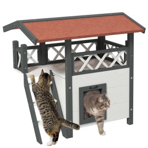PawHut Căsuță pentru Pisici de Exterior cu Terasa și Scară, Adăpost pentru Pisici și Animale Mici din Lemn, 77x50x73 cm, Alb