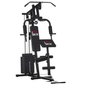 HOMCOM Stație de Fitness pentru Antrenament Acasă cu Scaun și Spătar, Sală de Sport Multifuncțională, 135x103x210 cm, Negru