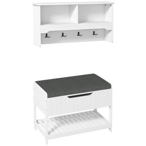 Cuier de Perete cu Banca Suport pentru Pantofi Dotata cu Cuburi de Perete, 4 Carlige si Raft Retractabil, 80x20x40 cm, Alb HOMCOM | Aosom RO