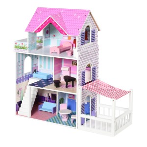 Casa de Papusi din Lemn pentru Copii 3 ani+ cu 12 Accesorii, Trei Etaje, Curte si Mobilier 86x30x87cm Roz HOMCOM | Aosom RO