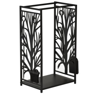 HOMCOM Rack din lemn de ars Suport lemne 4 scule din otel Max. 100kg negru